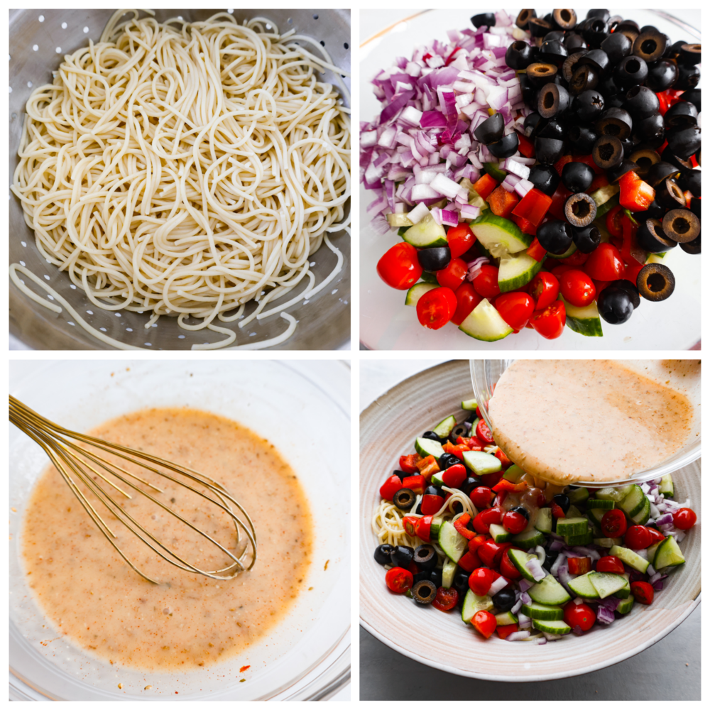 A collage of 4 photos showing how to combine all of the ingredients in a bowl. 