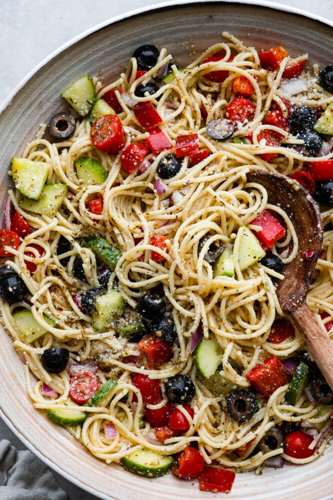 A closeup of a bowl of California Spaghetti Salad. 