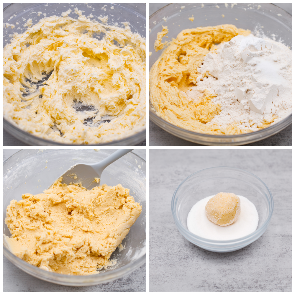 Primera foto de la mantequilla y el azúcar batidas juntas.  La segunda foto es la harina agregada a la mezcla cremosa.  La tercera foto es la masa de galleta de azúcar mezclada.  La cuarta foto es una bola de masa enrollada en un bol de azúcar.