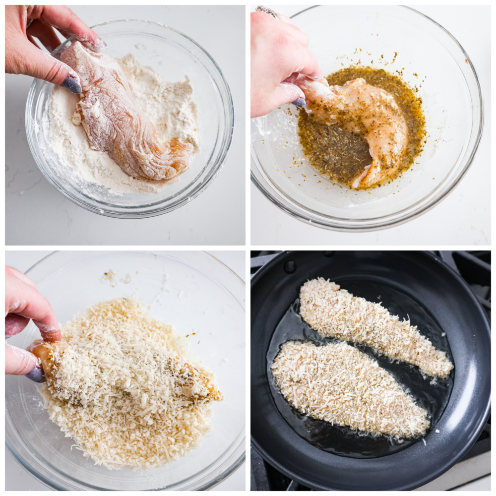 First process photo is a slice of chicken being dipped in a bowl of flour. Second process photo is the chicken being dipped in the egg mixture. Third process photo is the chicken piece being dipped in the breadcrumb and cheese mixture. Fourth process photo is the chicken frying in a skillet.