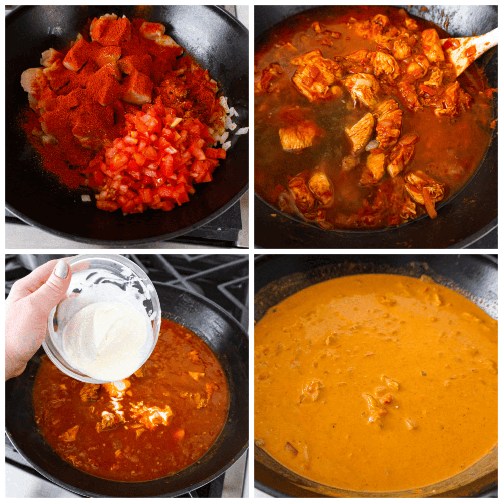 4 pictures in a collage showing the steps on how to add the ingredients to the pan. 