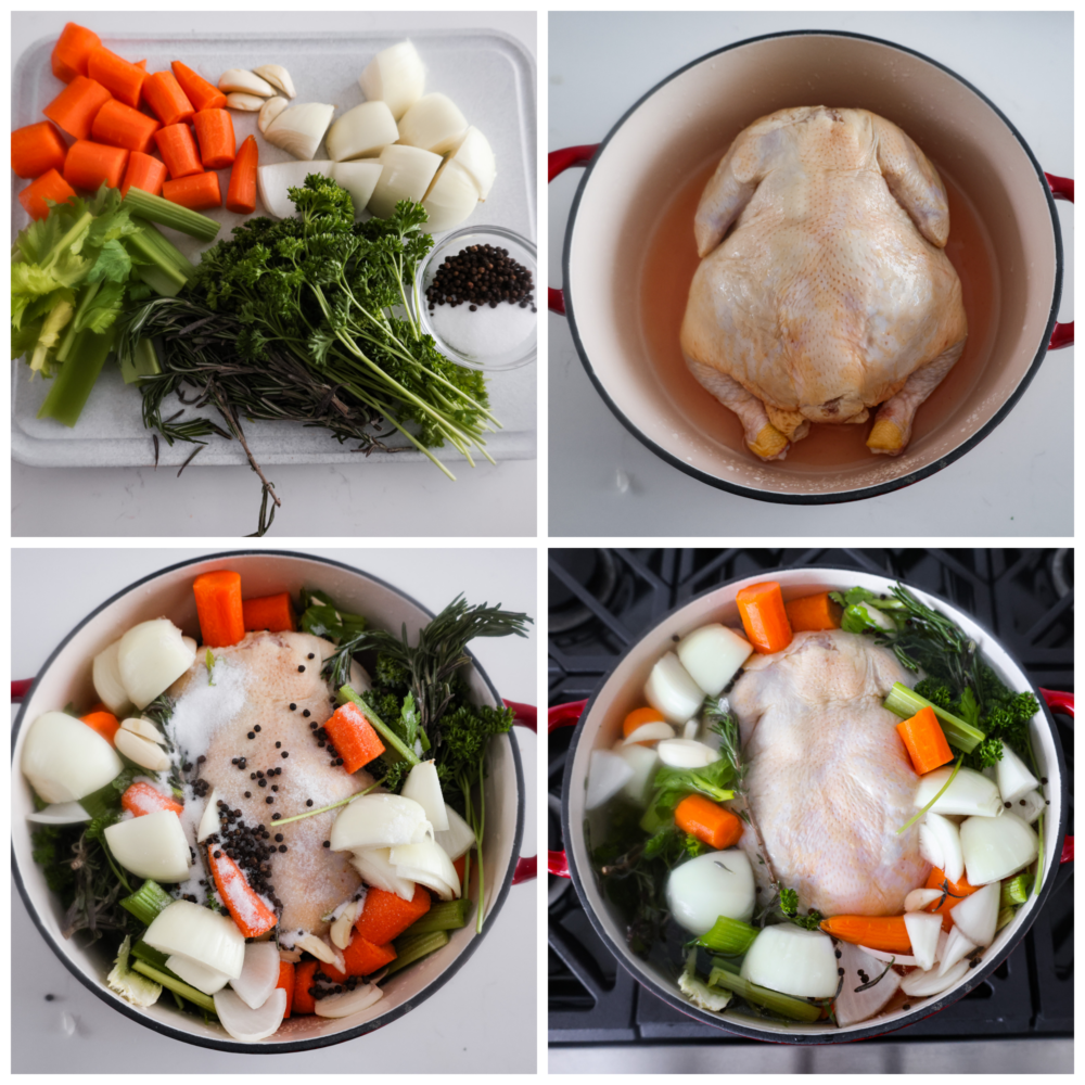 Primera foto de verduras picadas, hierbas y condimentos.  Segunda foto de un pollo entero en una olla.  Tercera foto de verduras y condimentos en la olla.  Cuarta foto del pollo, verduras y agua añadida encima.