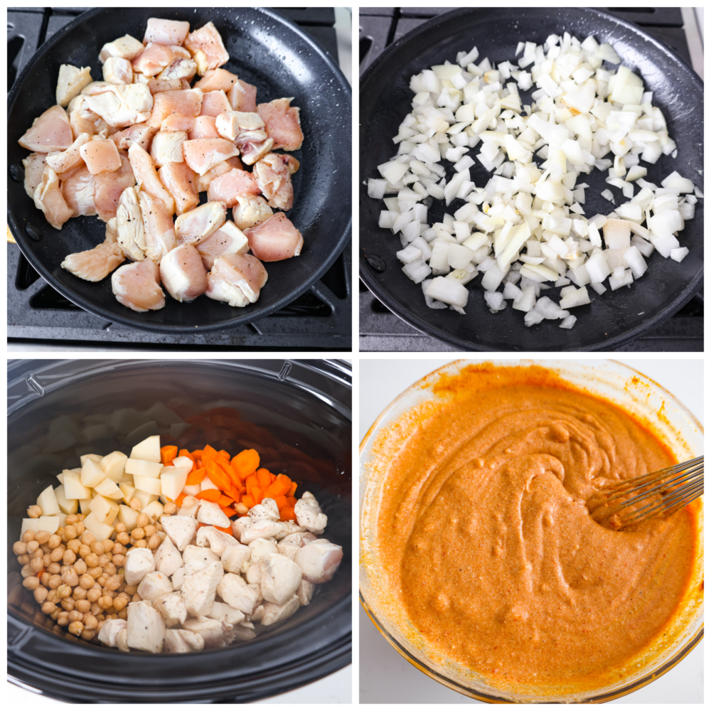 Collage de 4 fotos de pollo y vegetales salteados, luego agregados a una olla de cocción lenta con la salsa de curry.