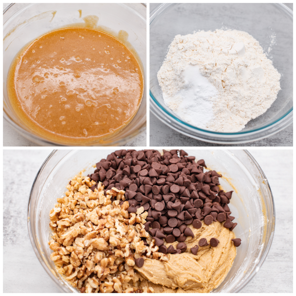 3-photo collage of cookie dough being mixed together.