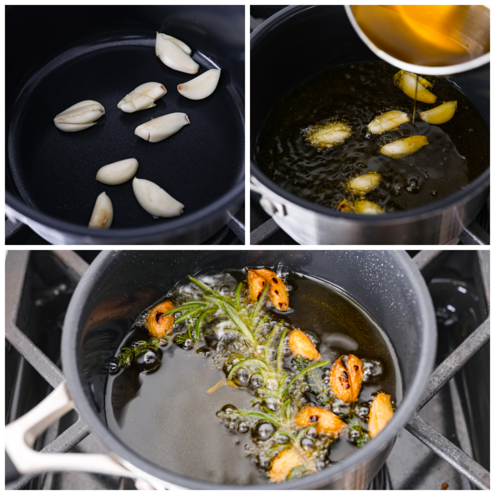 3-photo collage of olive oil in a pot being infused with garlic and herbs.