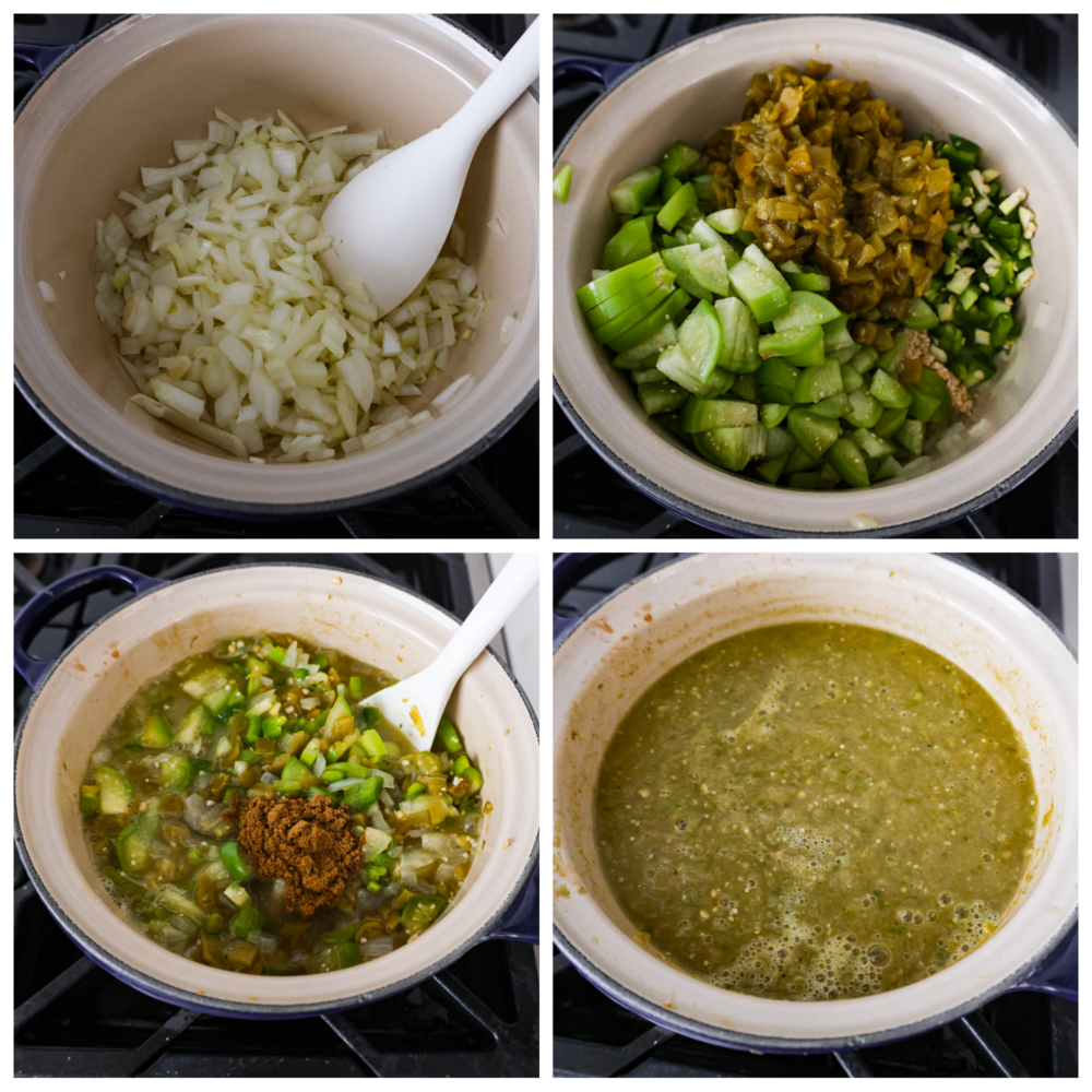 Un collage de 4 imágenes que muestran cómo agregar los ingredientes a la olla y cocinarlos. 