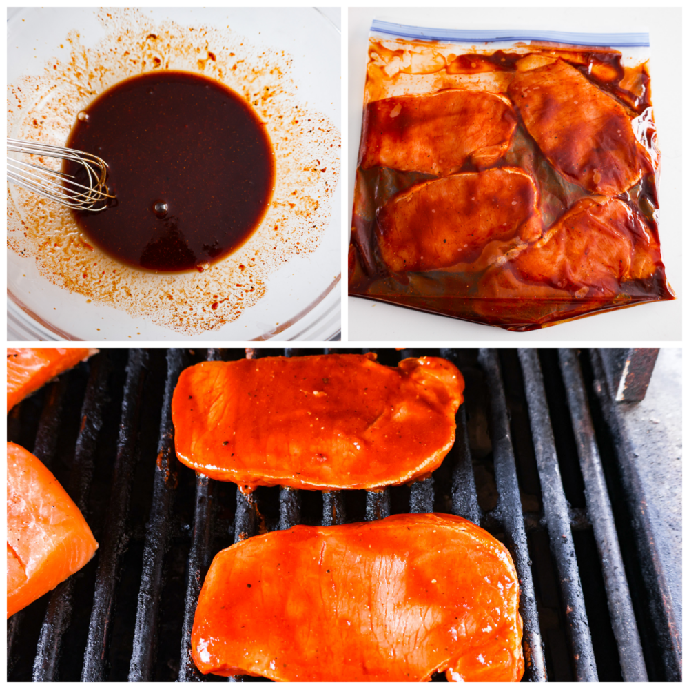 3 imágenes en un collage que muestra la marinada en un tazón, las chuletas de cerdo marinadas en la salsa en una bolsa y las chuletas de cerdo asadas a la parrilla. 