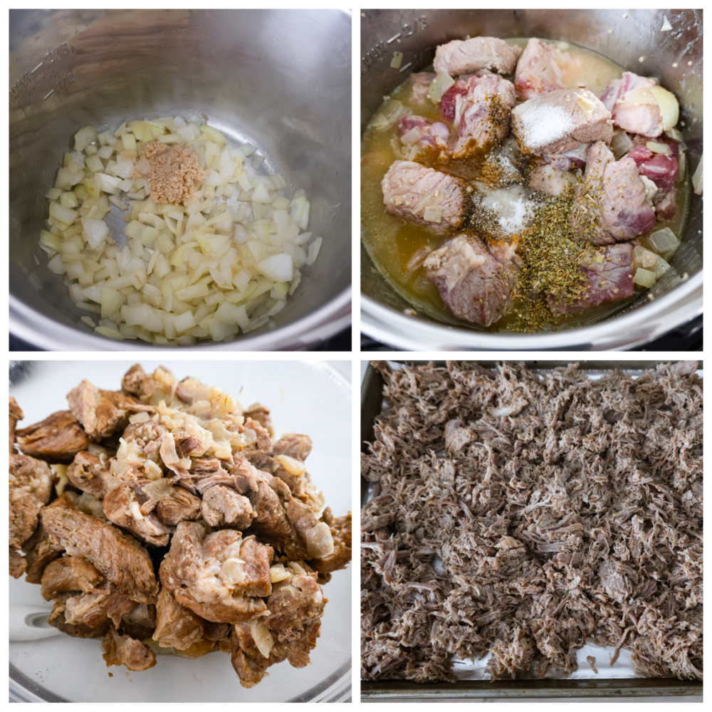 Collage de 4 fotos de ingredientes que se agregan a una olla instantánea y se cocinan juntos.