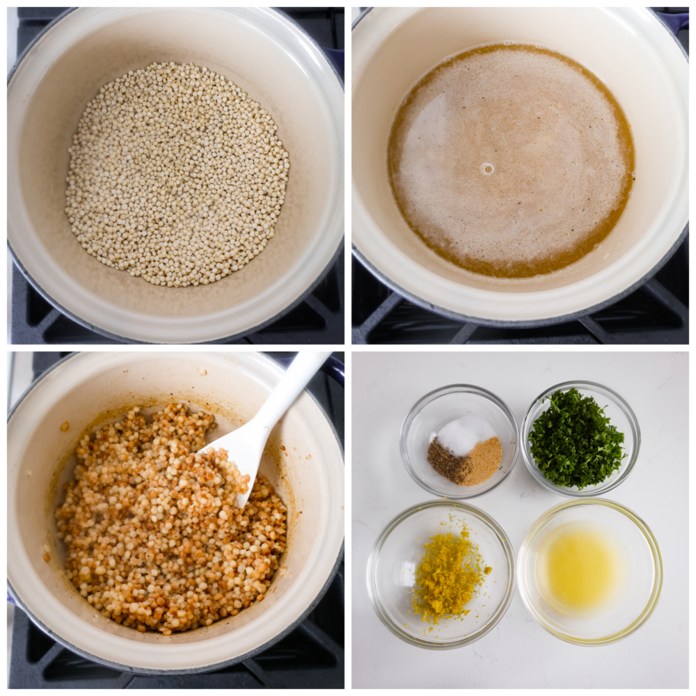 4-photo collage of Israeli couscous being prepared by toasting it, cooking it in vegetable broth, then adding in seasonings and herbs.