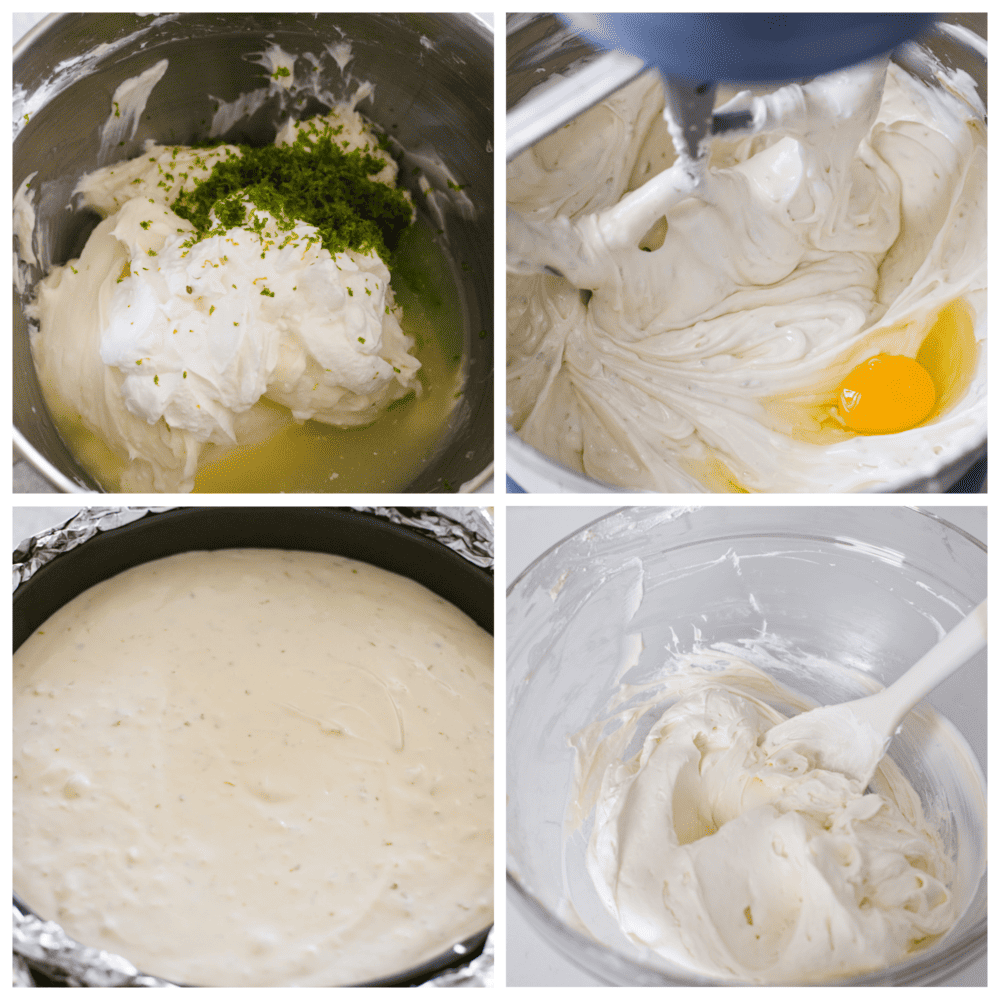4-photo collage of cheesecake filling being prepared.
