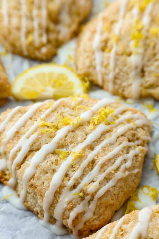 Closeup of a lemon scone.