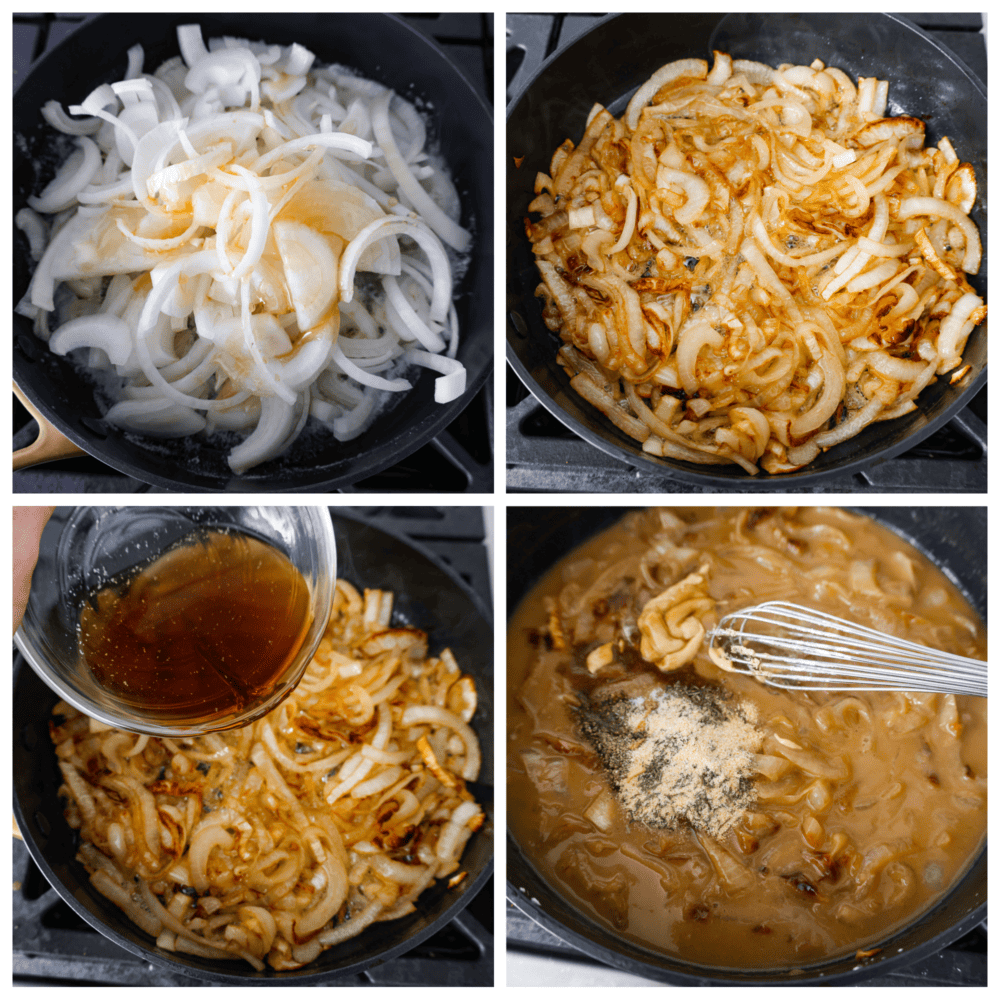 Collage de 4 fotos de cebollas caramelizadas y combinadas con los demás ingredientes.