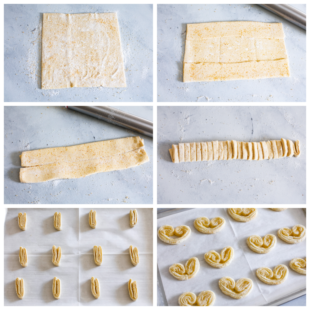 6-photo collage of puff pastry sheets being topped with sugar and cut into slices.