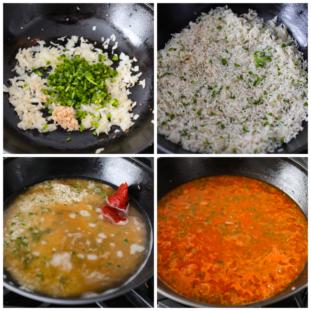 This Spanish rice delivers warm and exciting flavors that complement any meal! This tastes just like your favorite restaurant rice and is delicious served with any protein or Spanish inspired dish. Process photos showing how to prepare the ingredients and cook them in the pan.