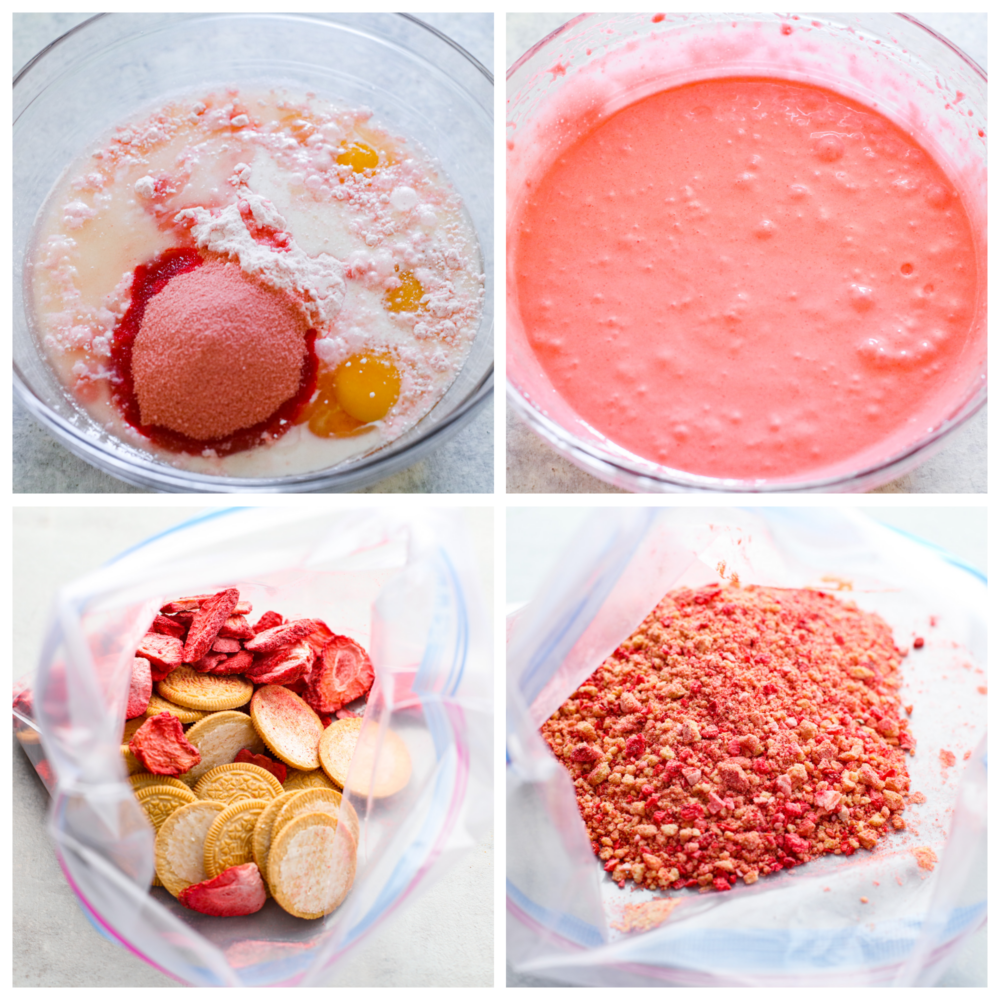 A collage of 4 pictures showing how to make the batter and the crunch topping. 