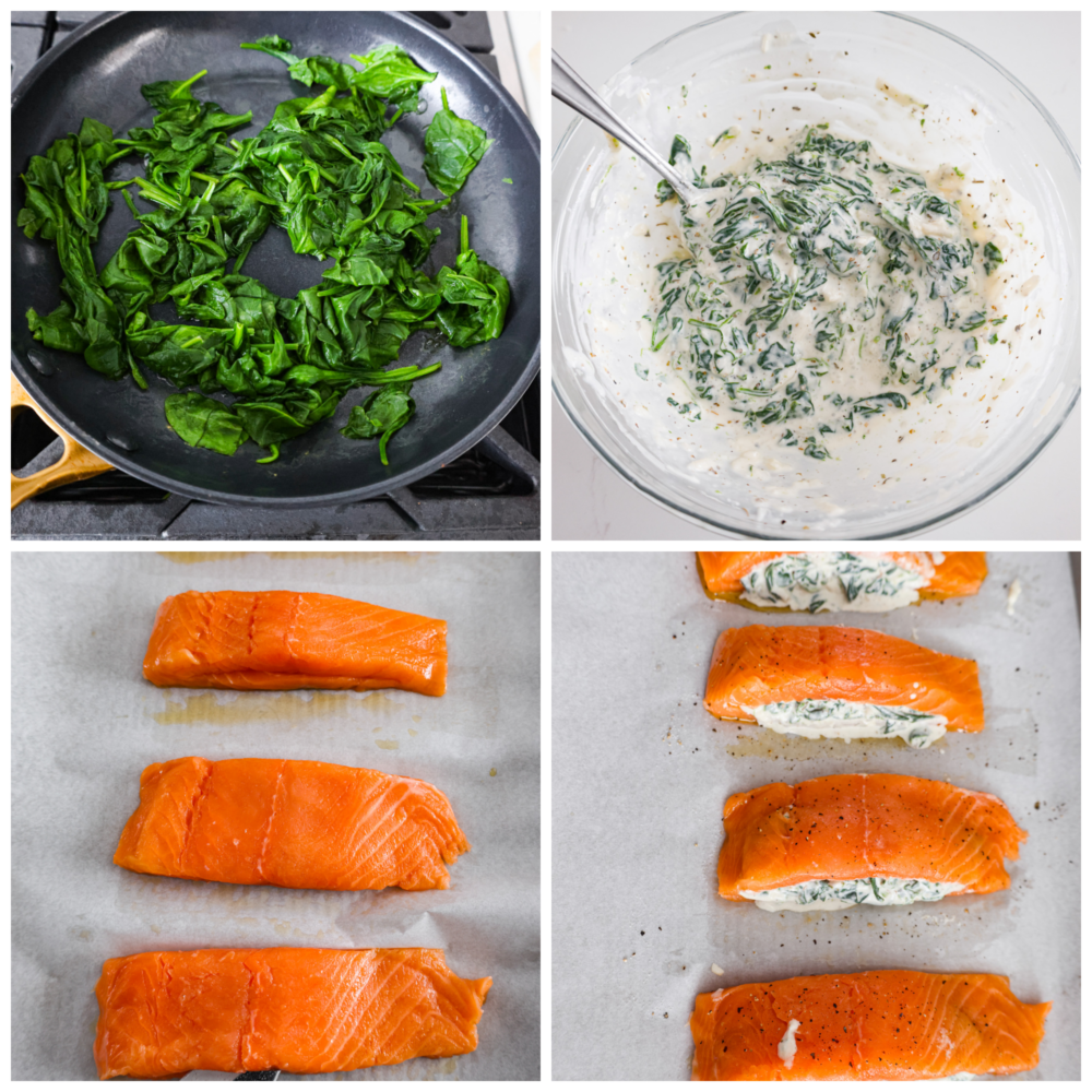 4-photo collage of spinach being cooked, the filling mixture being prepared, then added to the inside of each salmon filet.