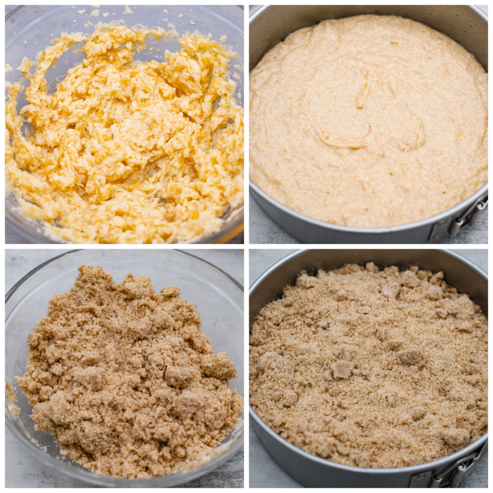 4-photo collage of cake and streusel being prepared.