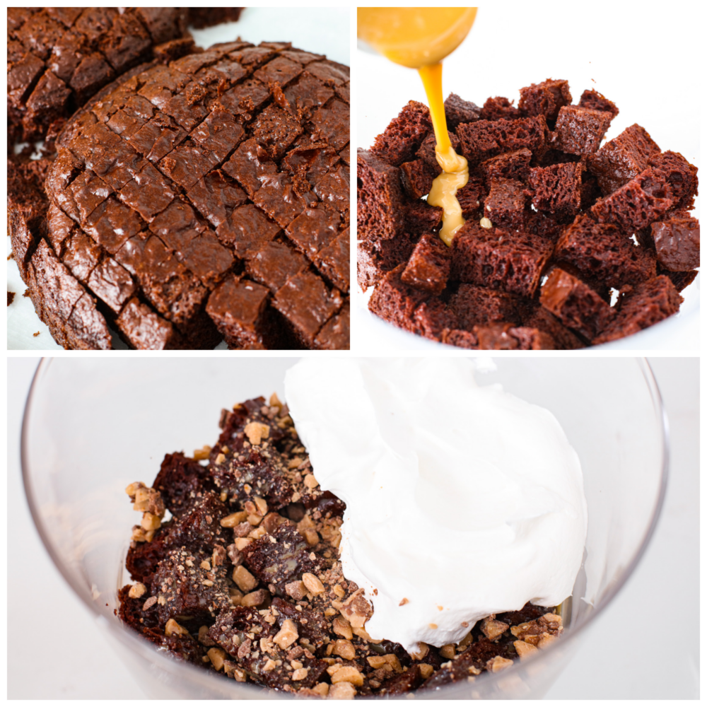 Collage de 3 fotos de trifle de chocolate en preparación.