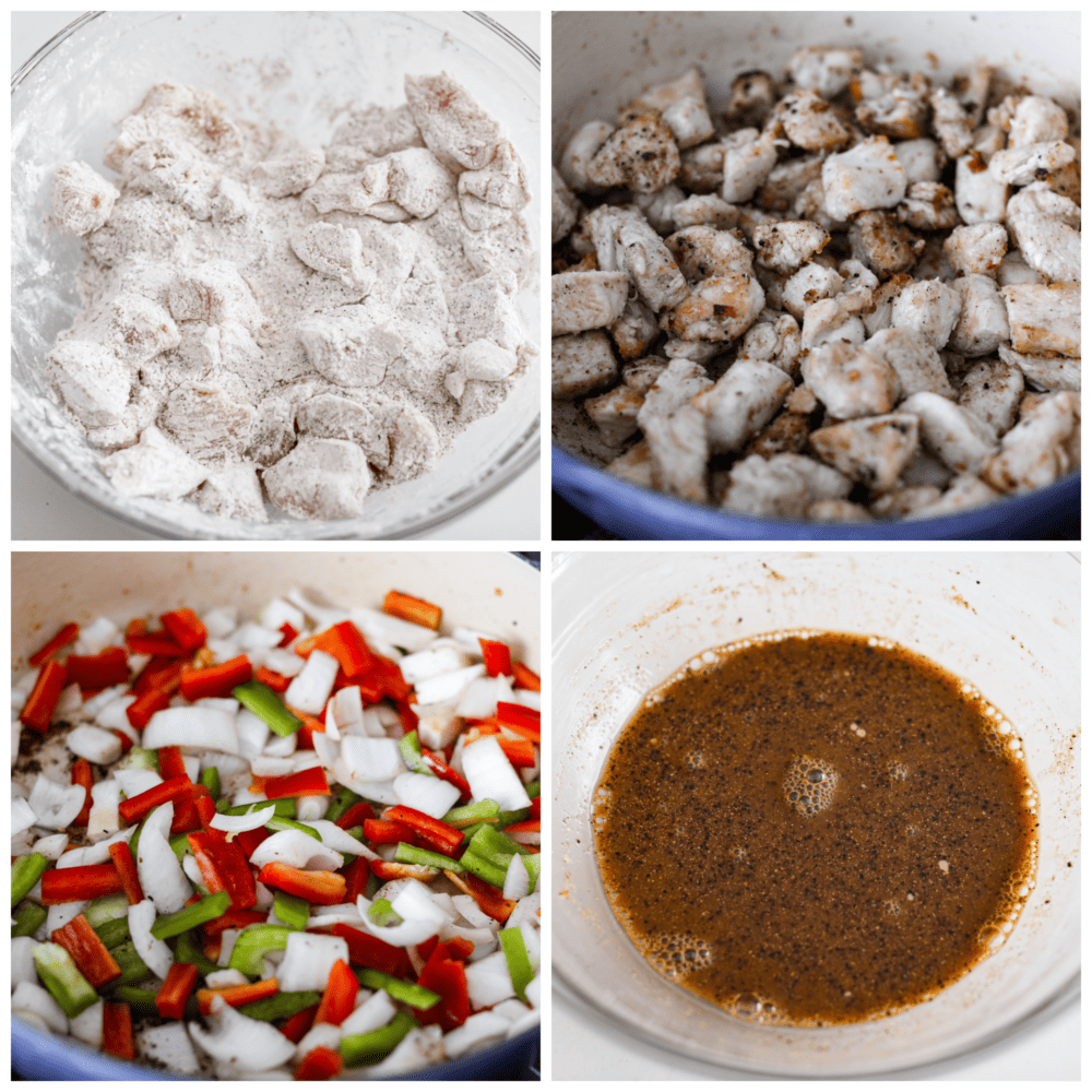 Collage de 4 fotos de pollo cubierto con maicena, verduras cocinadas y salsa mezclada.