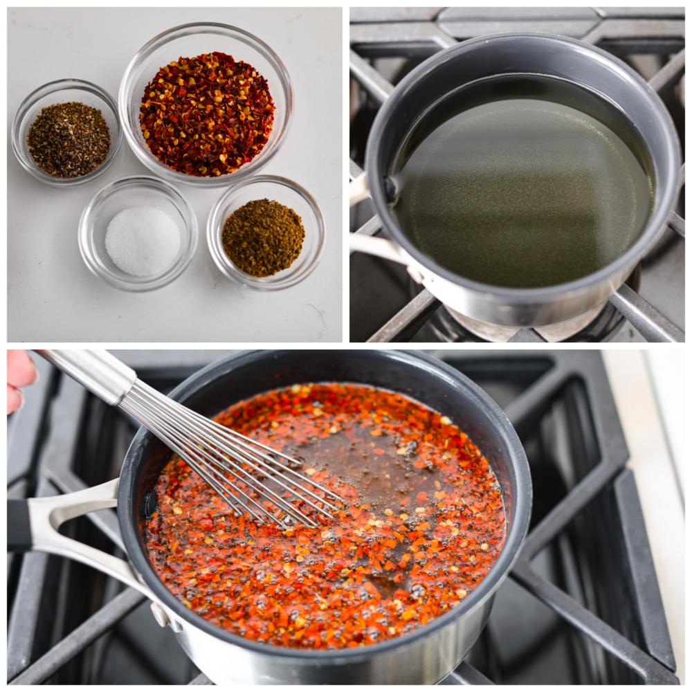 First photo of spices in clear bowls. Second photo of oil in a saucepan. Third photo of chili oil being stirred in a saucepan with a whisk.