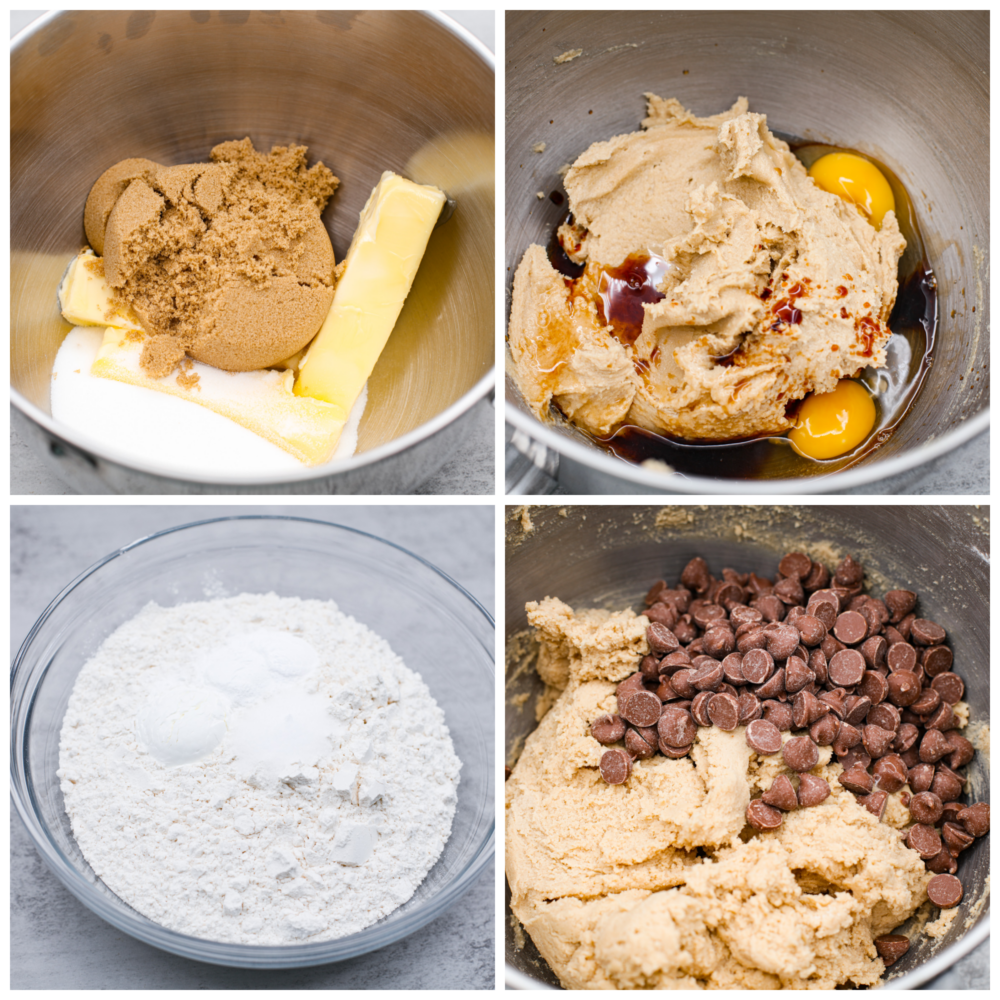 First photo of the sugars and butter in a silver bowl. Second photo of the creamed butter and sugars with eggs and vanilla added on top. Third photo of the dry ingredients in a large clear bowl. Fourth photo of the chocolate chips added into the dough.