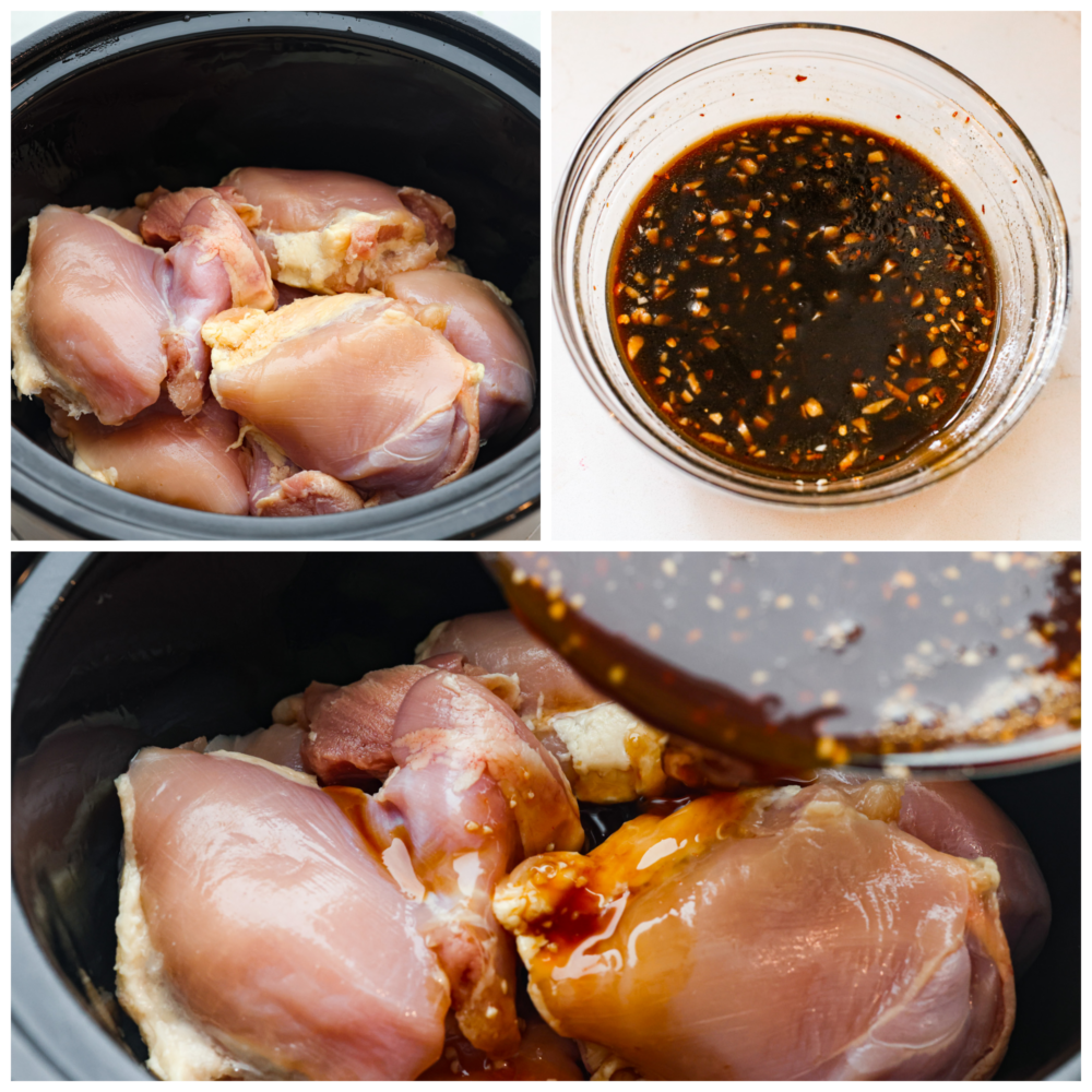 Crockpot huli huli chicken is a dinner you can set and forget, then come back to and enjoy in all of its tropical goodness! Each bite of fork-tender chicken is flavored with the best sauce made of ginger, garlic, ketchup, brown sugar, and pineapple juice. It's the perfect mix of sweet, tangy, and savory! 3-photo collage of chicken being marinated.