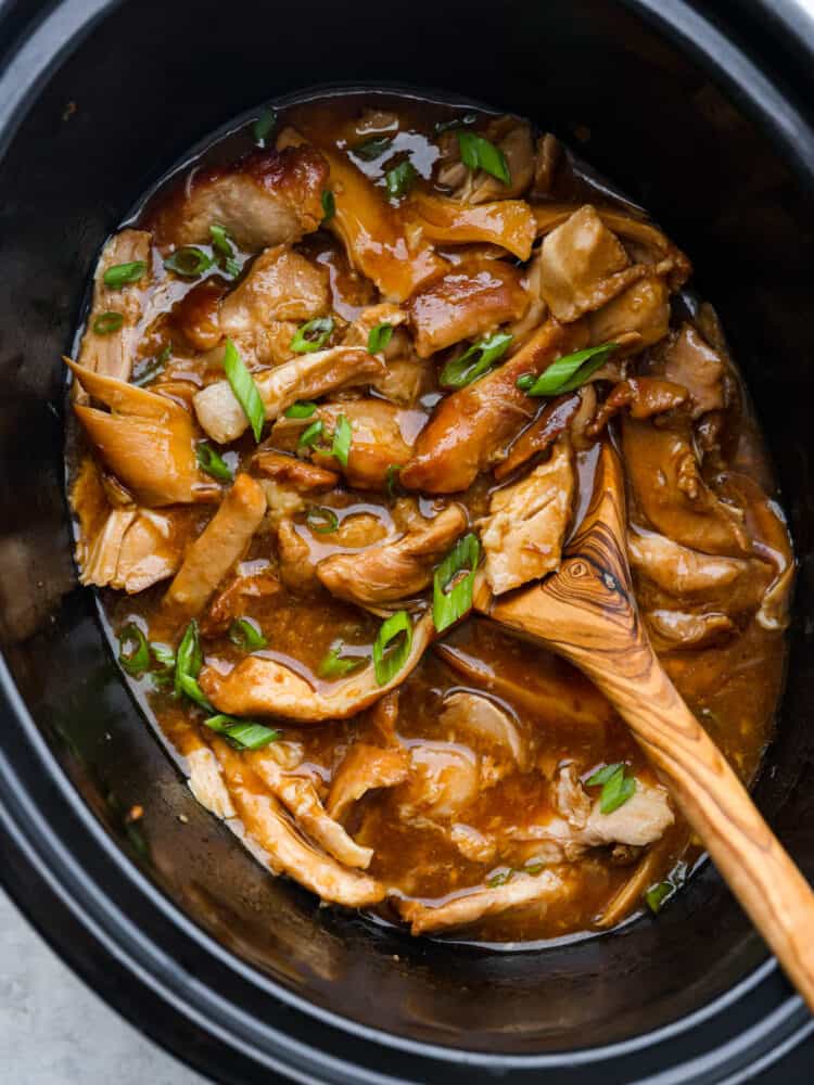 Crockpot huli huli chicken is a dinner you can set and forget, then come back to and enjoy in all of its tropical goodness! Each bite of fork-tender chicken is flavored with the best sauce made of ginger, garlic, ketchup, brown sugar, and pineapple juice. It's the perfect mix of sweet, tangy, and savory! Shredded crockpot huli huli chicken.