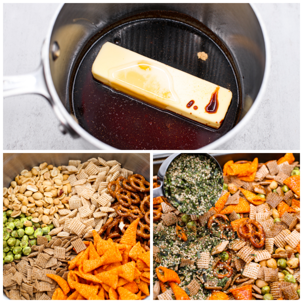 3-photo collage of sauce being prepared, then poured over the snack mix.