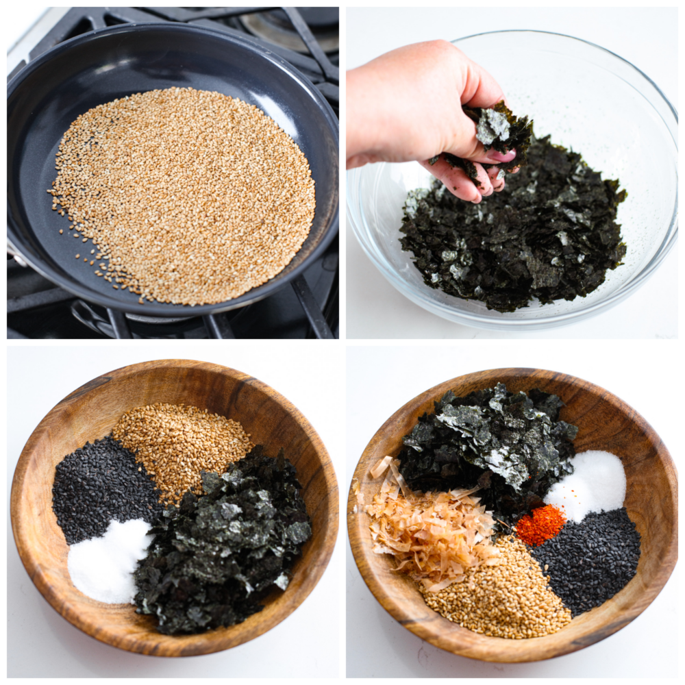 4-photo collage of sesame seeds being toasted and mixed with the other ingredients.