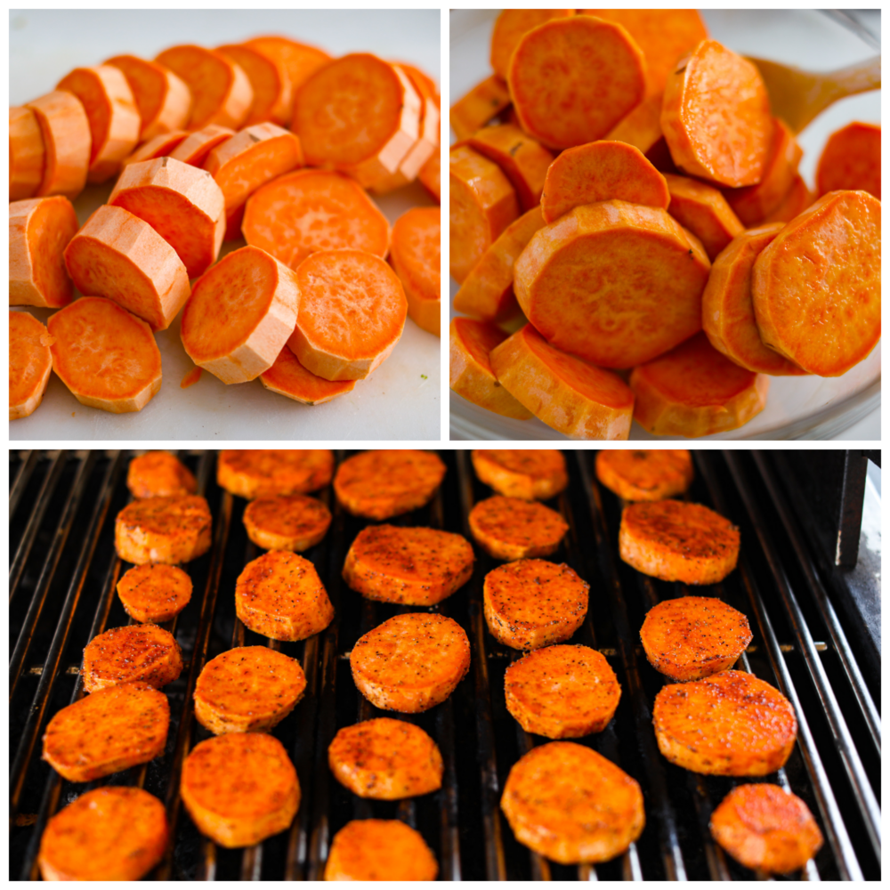 3-photo collage of sweet potatoes being cut into slices, seasoned, and put on the grill.