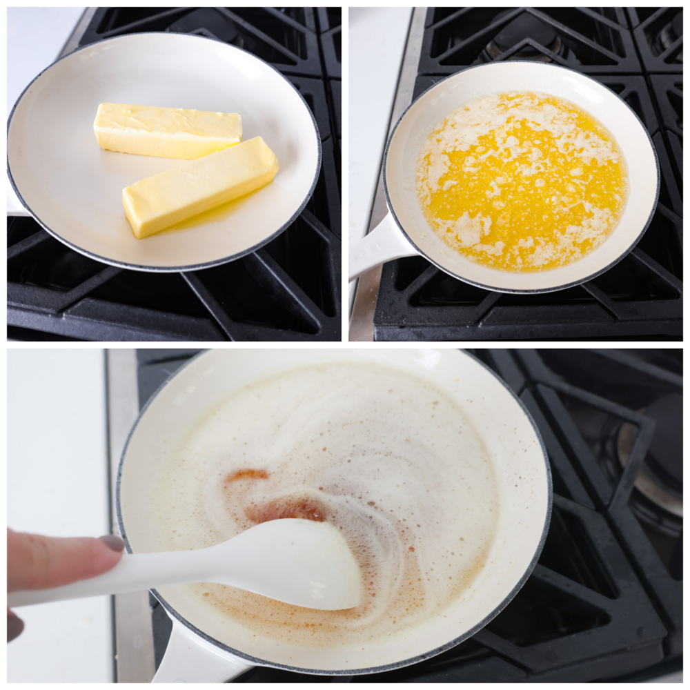 First photo of two sticks of butter in a white skillet. Second photo of butter melted in a skillet. Third photo of butter browning and being stirred with a rubber spatula. 