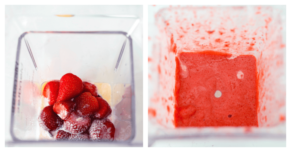 2-photo collage of strawberries being blended.