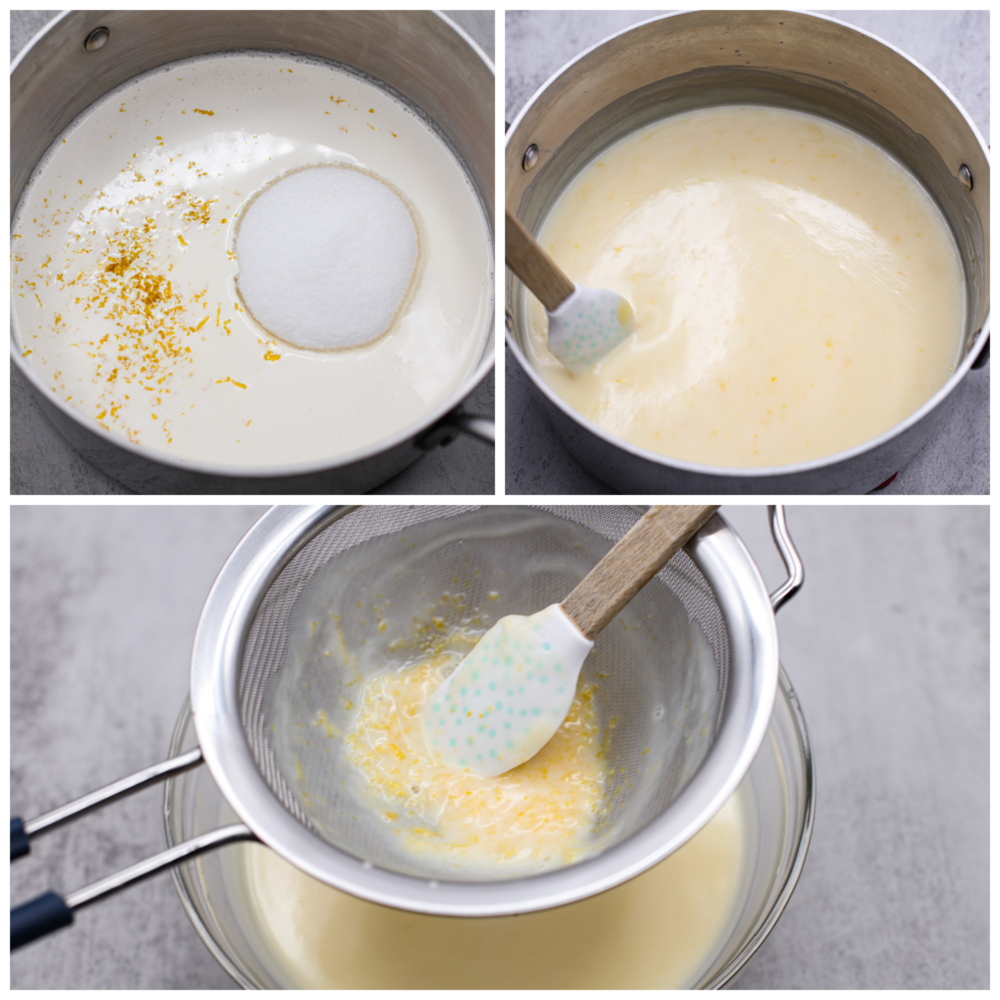 3-photo collage of lemon posset ingredients being mixed together and strained.