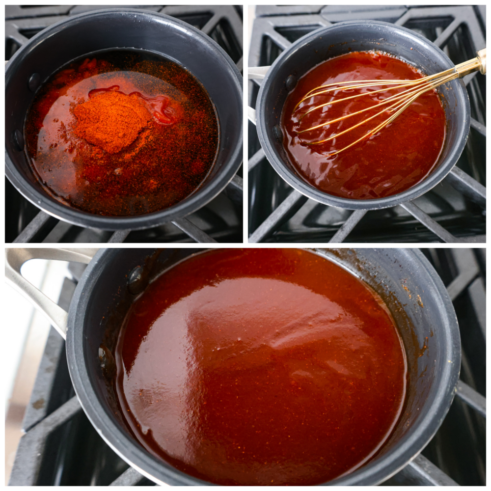 3-photo collage of sauce ingredients being combined over the stove.