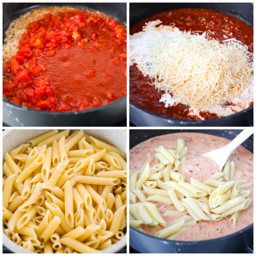 4 pictures in a collages showing the steps on how to add different ingredients to the pan. 