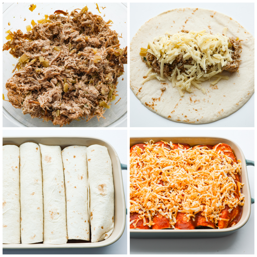 4-photo collage of enchiladas being assembled.