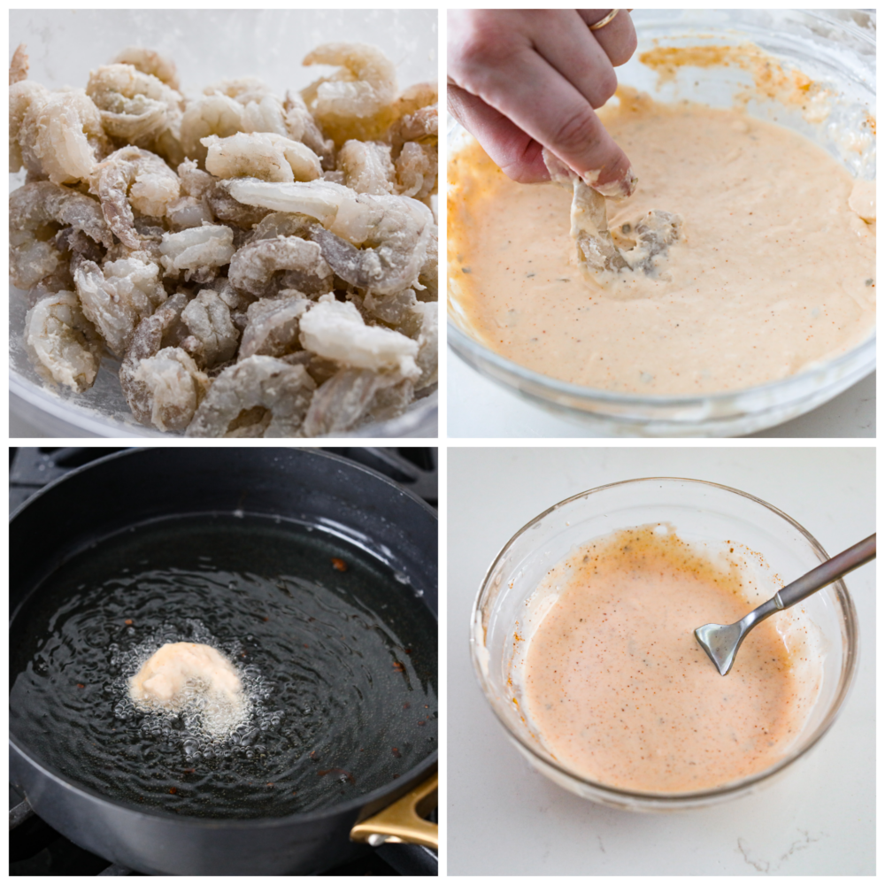 First photo of shrimp in a bowl. Second photo of dipping the shrimp in the batter. Third photo of shrimp frying in a pan. Fourth photo of cajun aioli mixed in a bowl.
