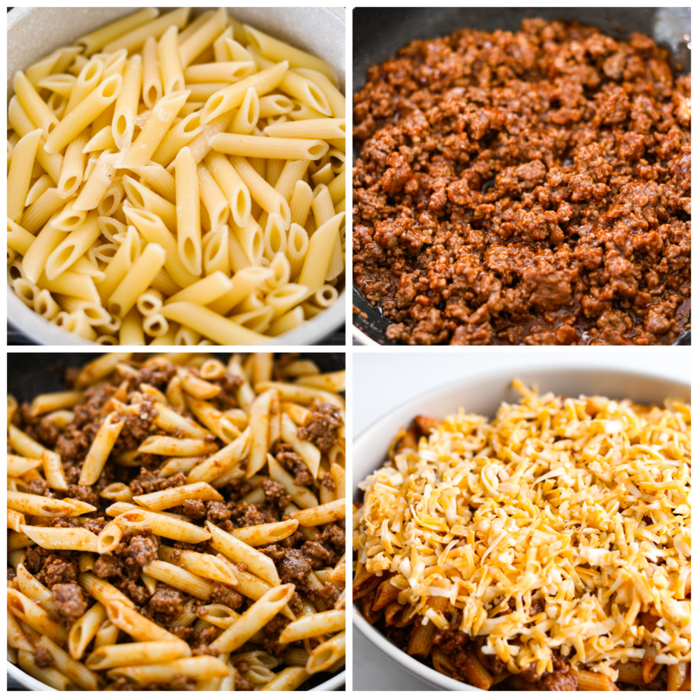 First process photo is a top view of cooked penne pasta. Second process photo is the sloppy jo meat and sauce in a saucepan. Third process photo is the pasta mixed in with the meat mixture. Fourth process photo is the layered casserole in a baking dish with cheese on top.