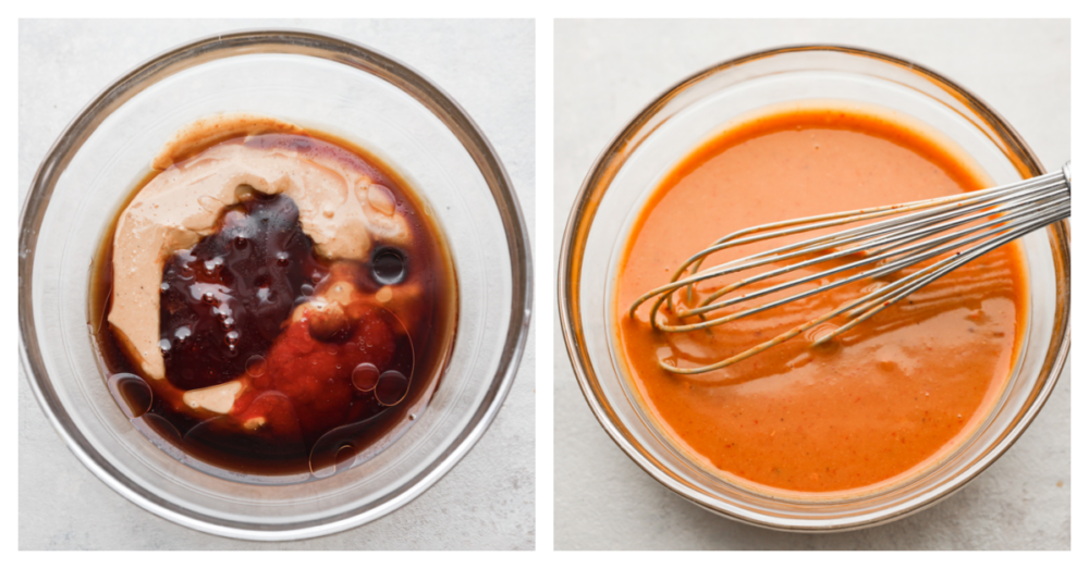 2 pictures showing how to whisk the ingredients in a small clear bowl. 