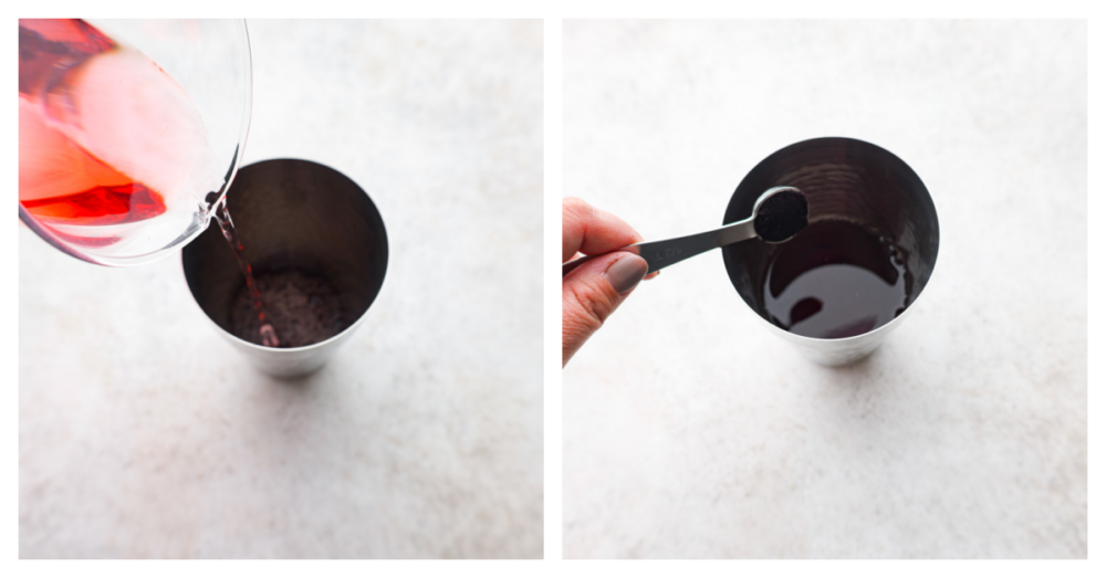 a collage of 2 pictures showing how to add the ingredients to a metal drink mixer. 