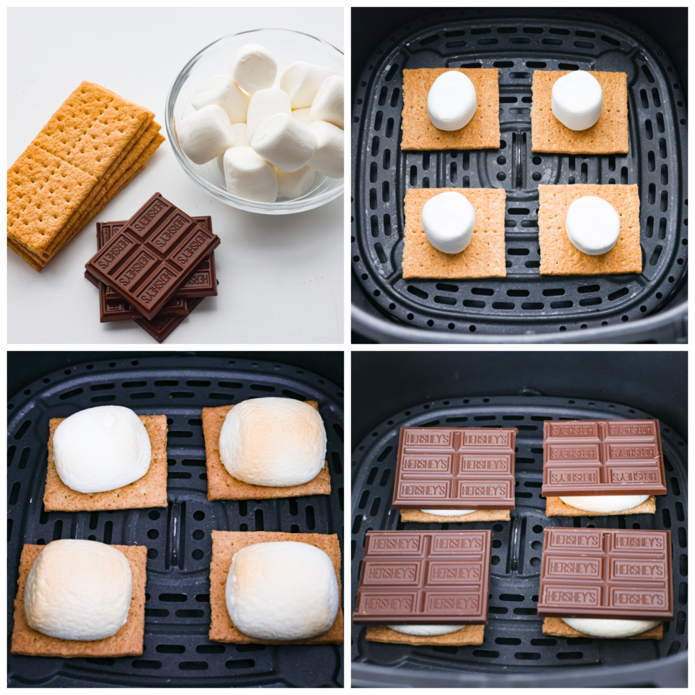 4-photo collage of s’mores ingredients being added to an air fryer basket.