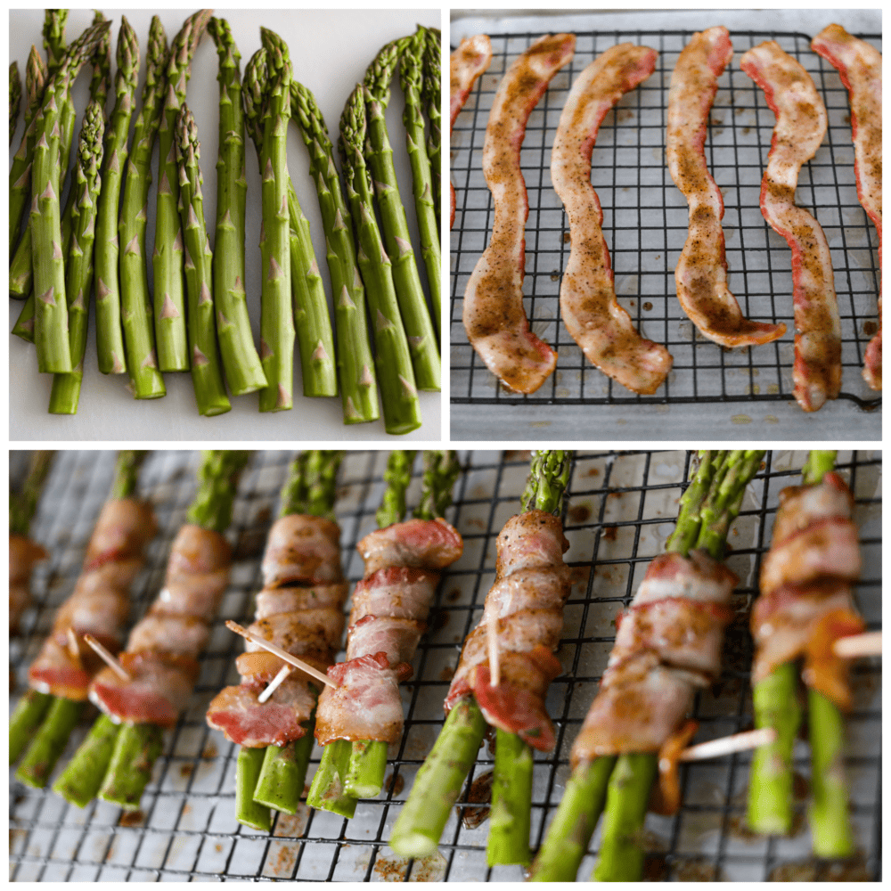 3-photo collage of asparagus being prepared and bacon being precooked.