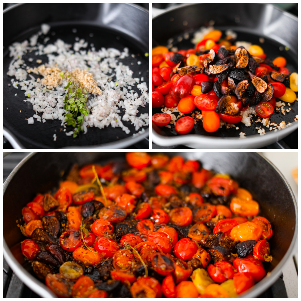 3-photo collage of the vegetables being sauteed.