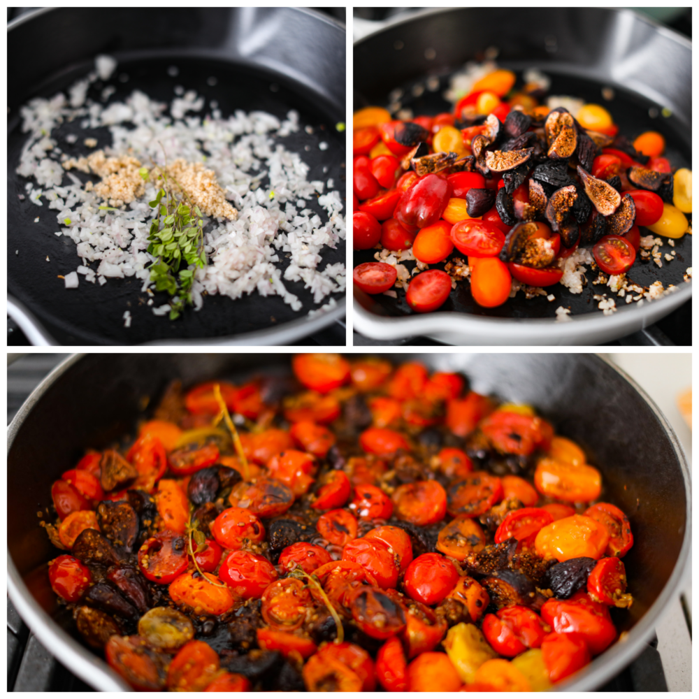 3-photo collage of the vegetables stuff sauteed.