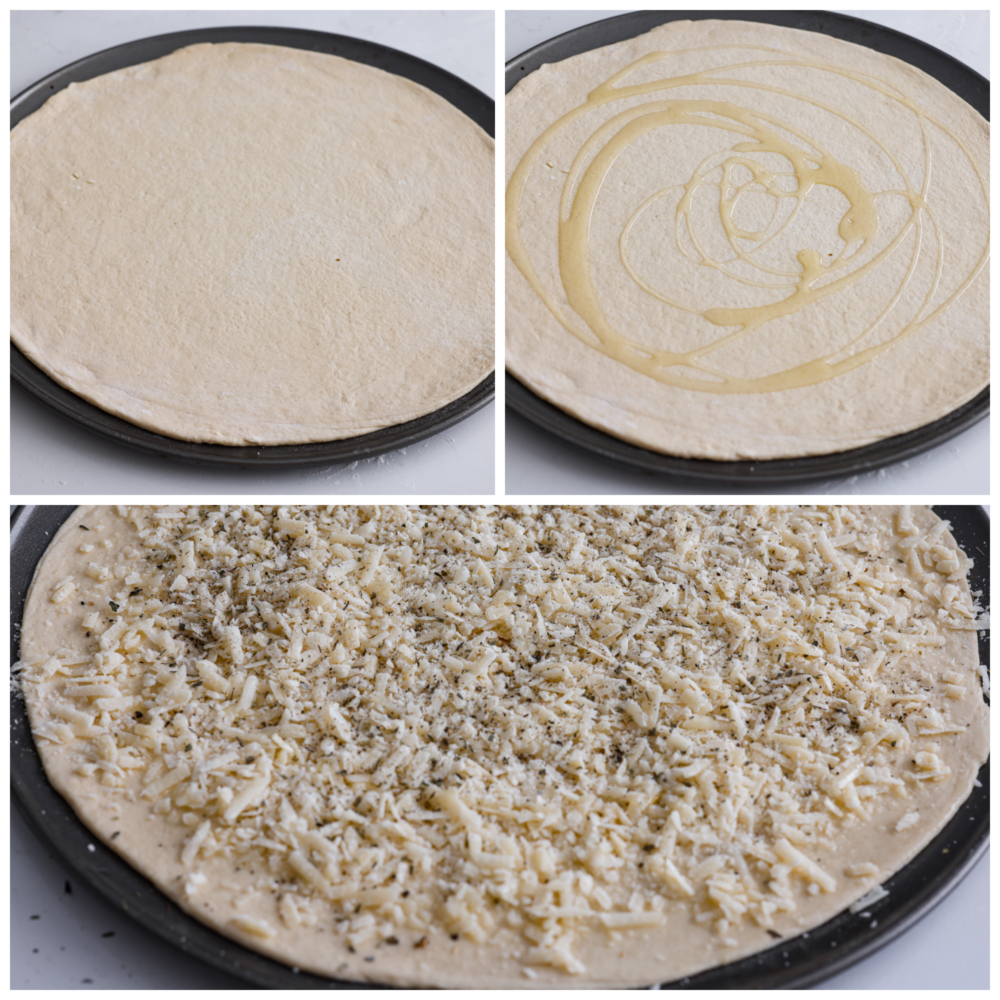 Toppings are added to the unbaked pizza dough.