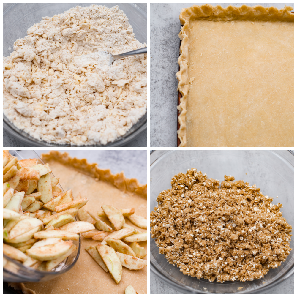 4 pictures showing the process of making the dough and adding it to the baking sheet with the apples. 