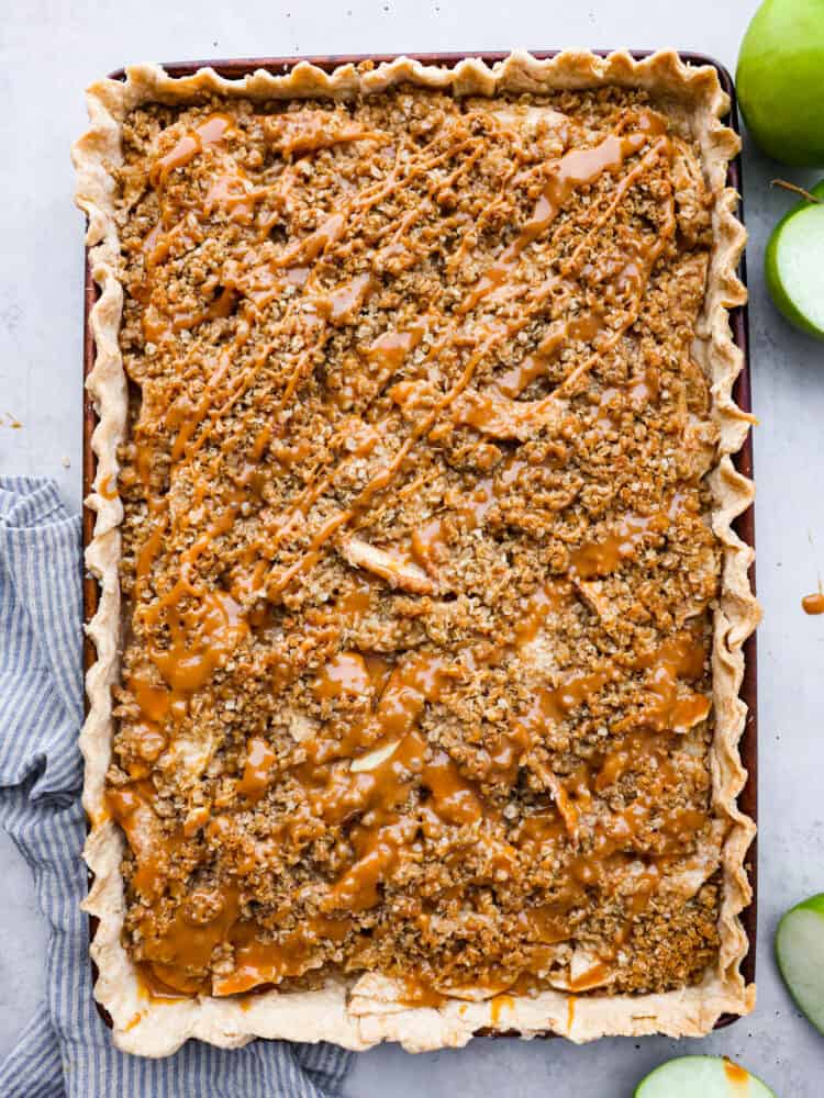 The top view of a bakes caramel apple slab pie. 