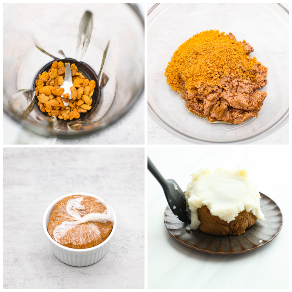 Collage of 4 photos showing cake filling being prepared and mashed potato frosting.