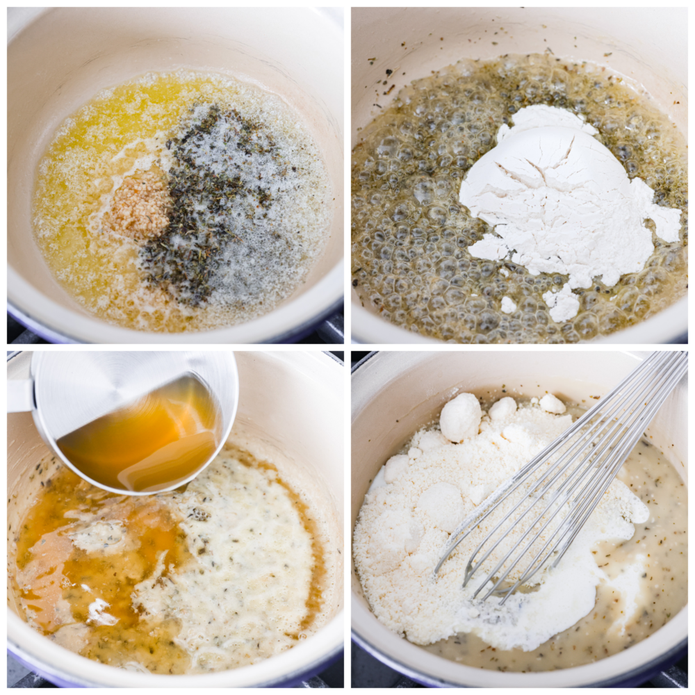 First process photo of melted butter, garlic, and Italian seasoning in a saucepan. Second process photo of flour added to the saucepan. Third process photo of heavy cream and chicken broth added to the saucepan. Fourth process photo of parmesan cheese being whisked into the sauce.