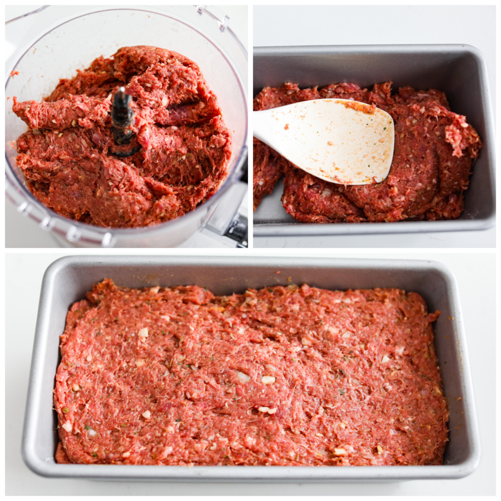 3-photo collage of the minced meat being added to a loaf pan.
